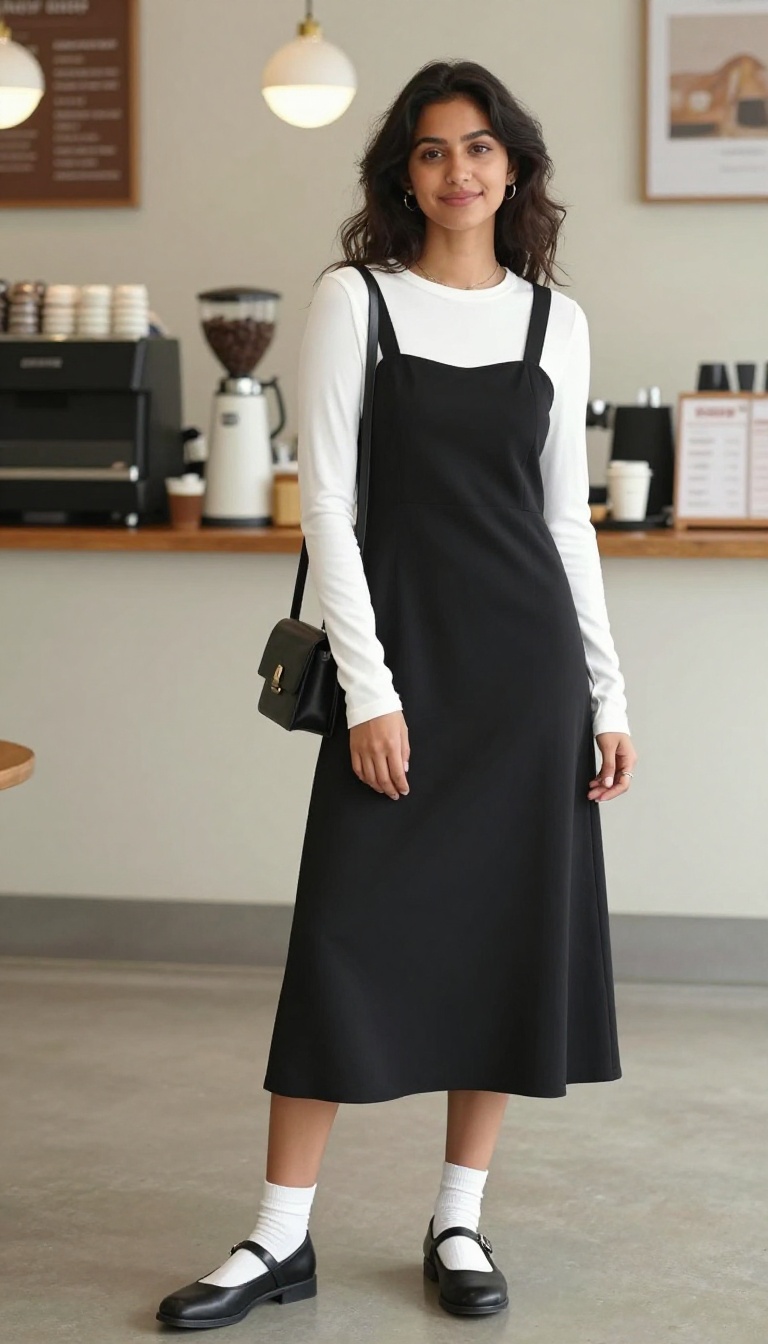11. Pinafore Dress Over a Long-Sleeve Top