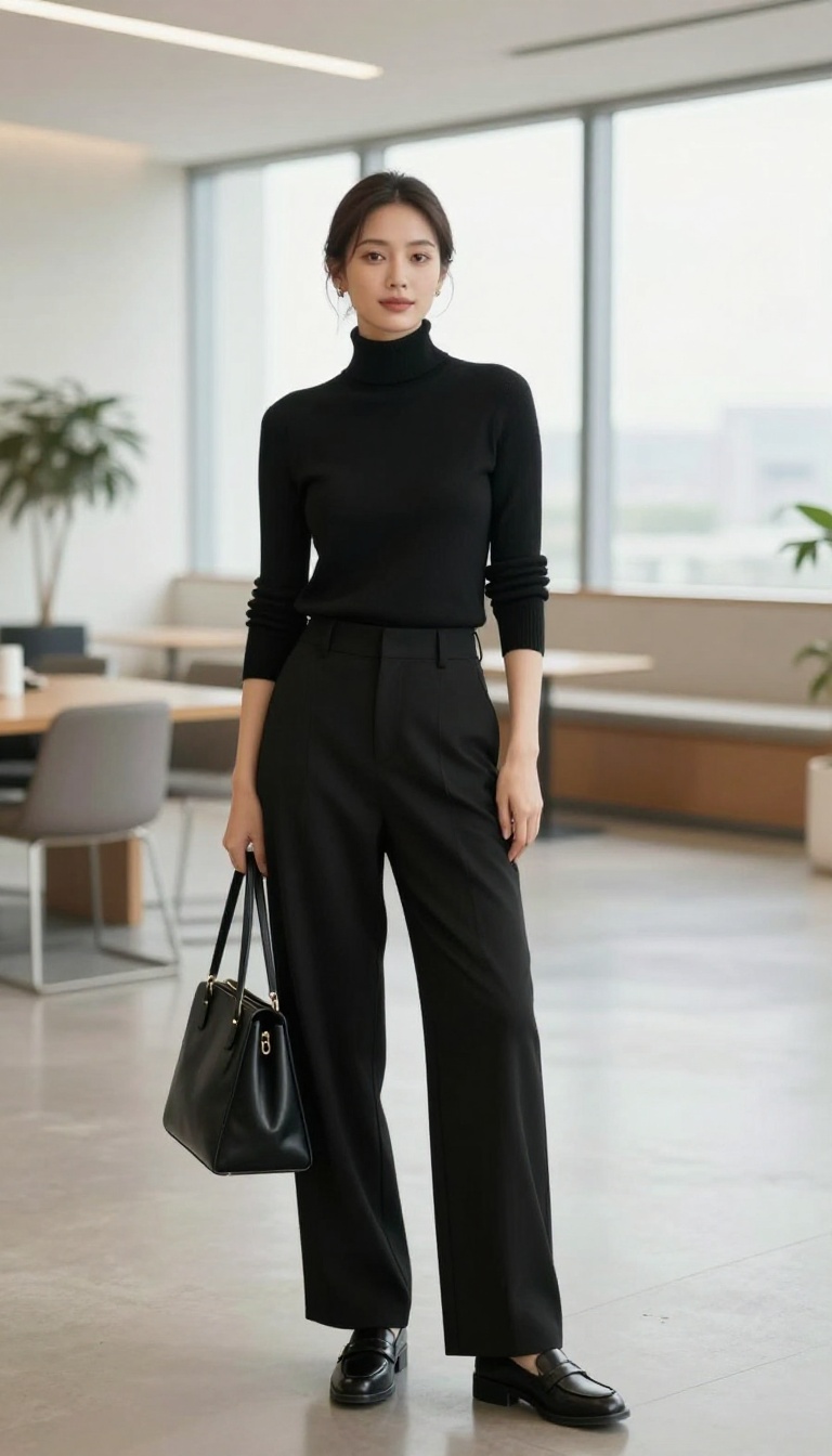 10. Black Wide-Leg Trousers + Fitted Sweater