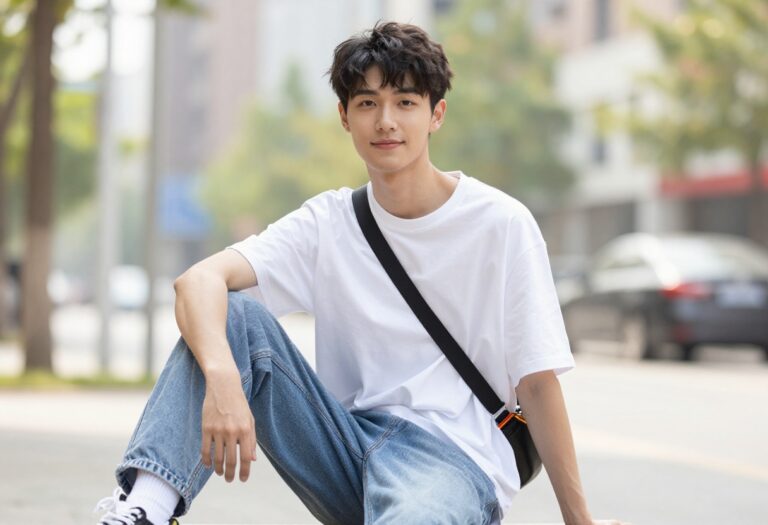 Young man wearing a Y2K outfit with baggy jeans and graphic tee, standing in a city setting