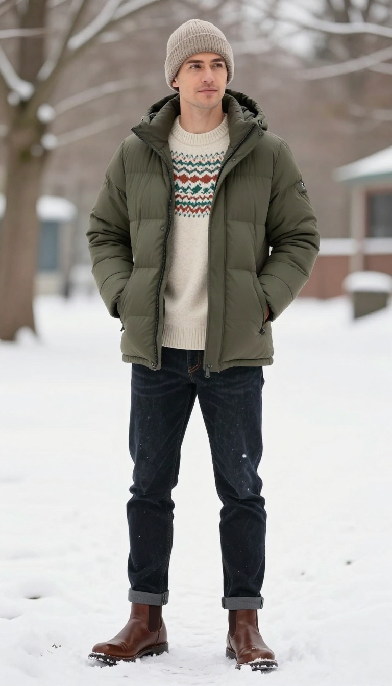 14. The Fair Isle Sweater with Puffer Jacket and Jeans