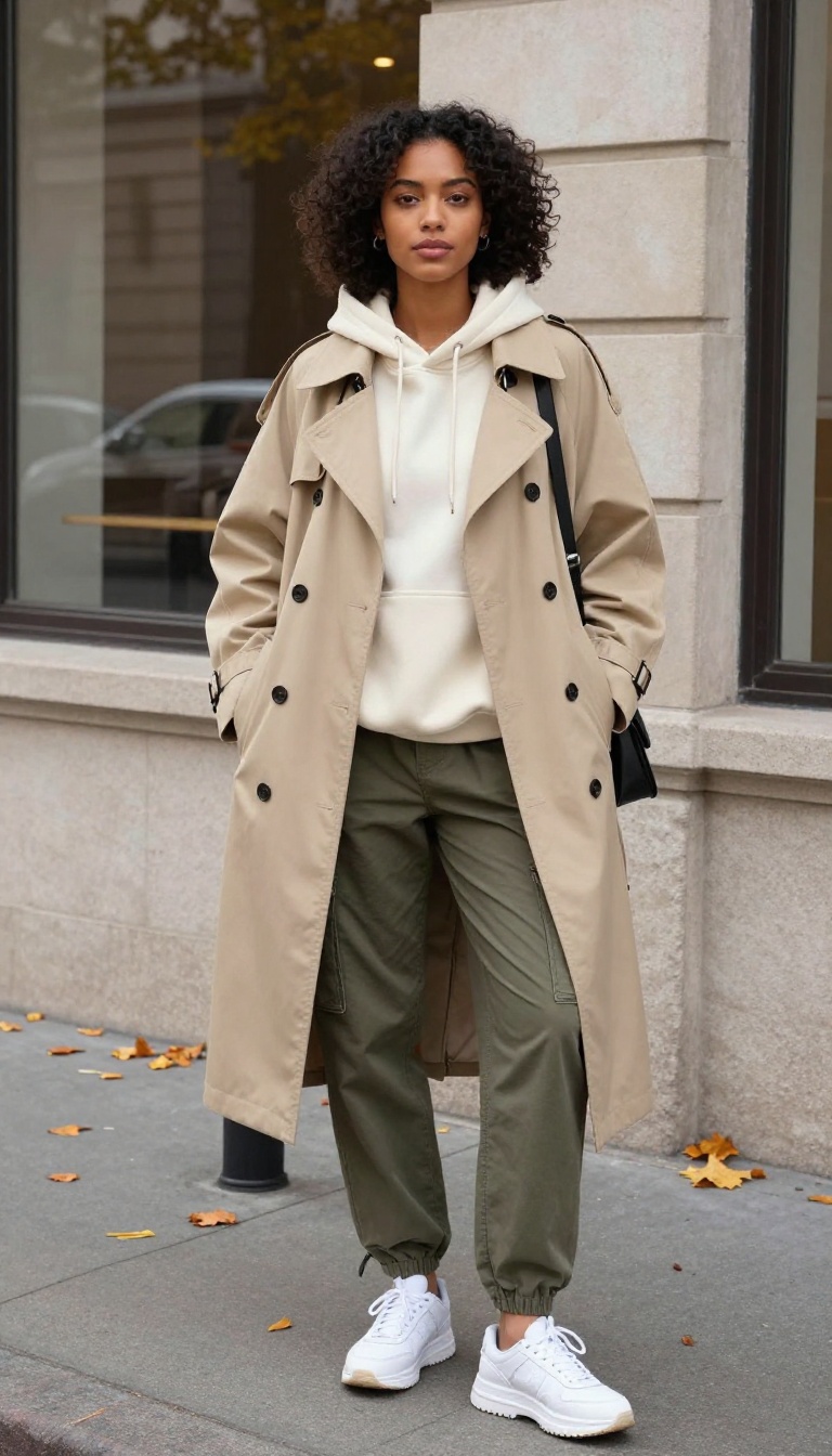 11. Trench Coat + Hoodie + Cargo Pants