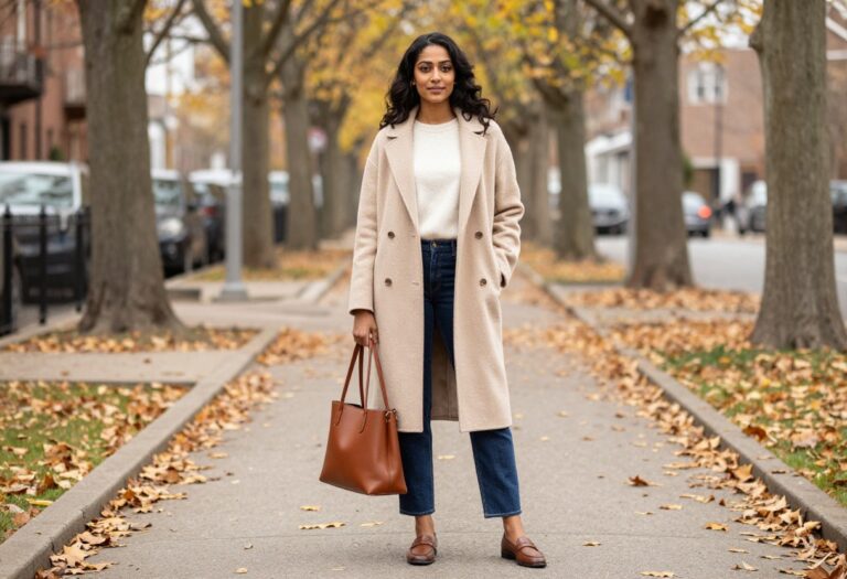 Woman in camel coat and cream sweater with jeans and loafers on an autumn street