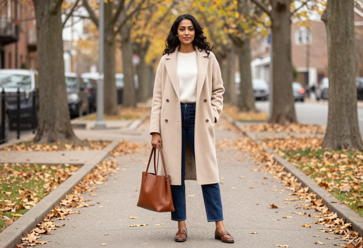 Woman in camel coat and cream sweater with jeans and loafers on an autumn street