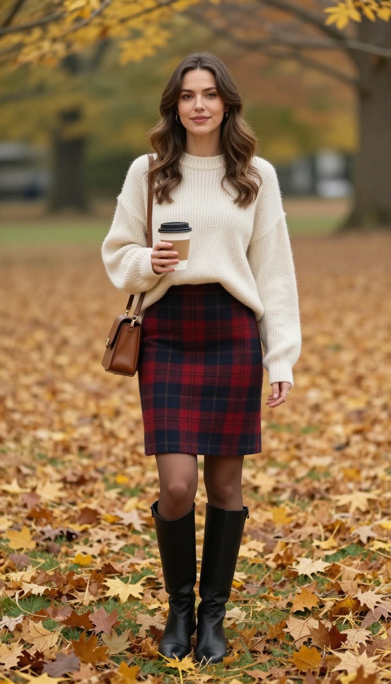 4. Plaid Wool Skirt and Chunky Sweater
