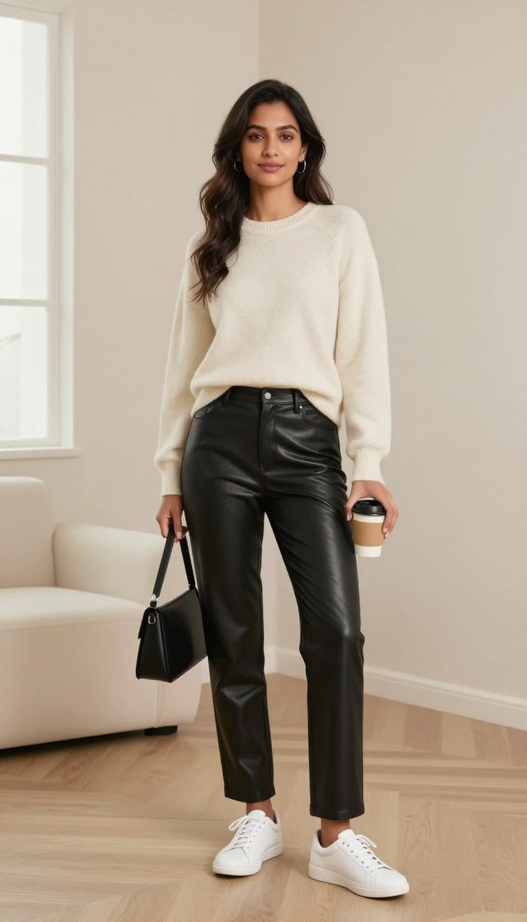 8. Black Leather Trousers and a Cashmere Crewneck