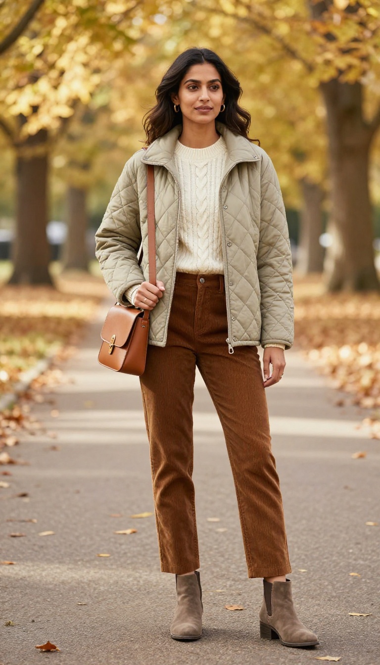 5. Quilted Jacket With Cable-Knit Sweater and Corduroy Pants