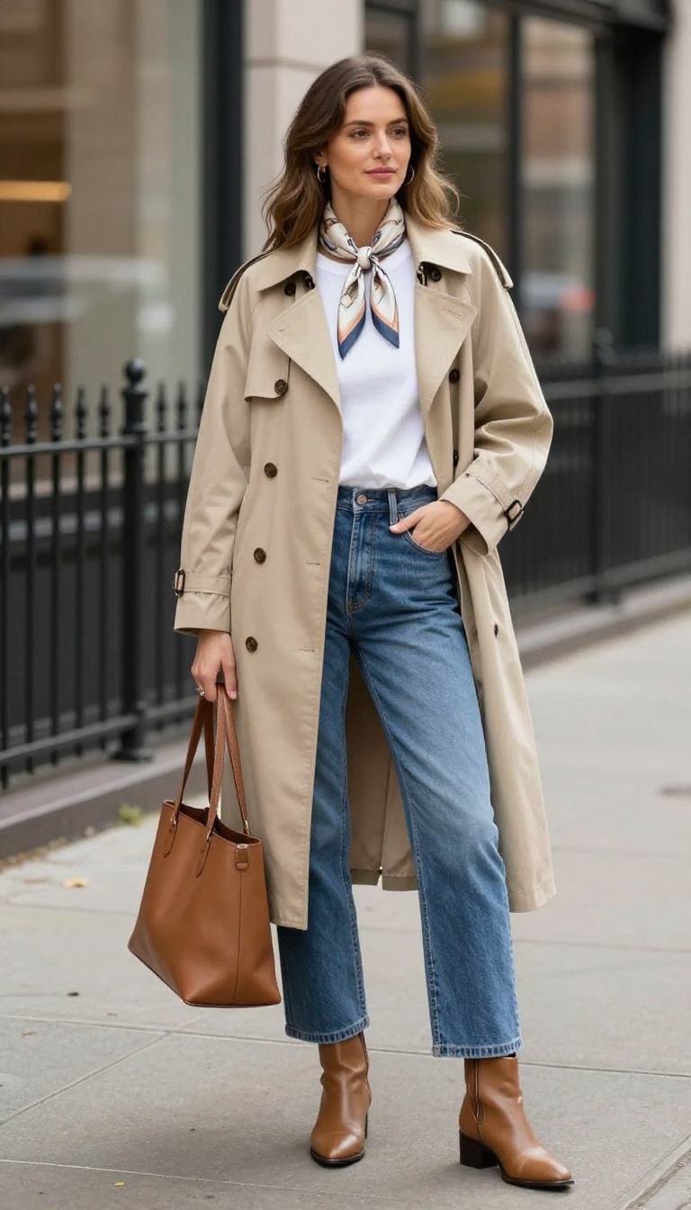 3. Beige Trench Coat With a Silk Scarf and Straight-Leg Jeans