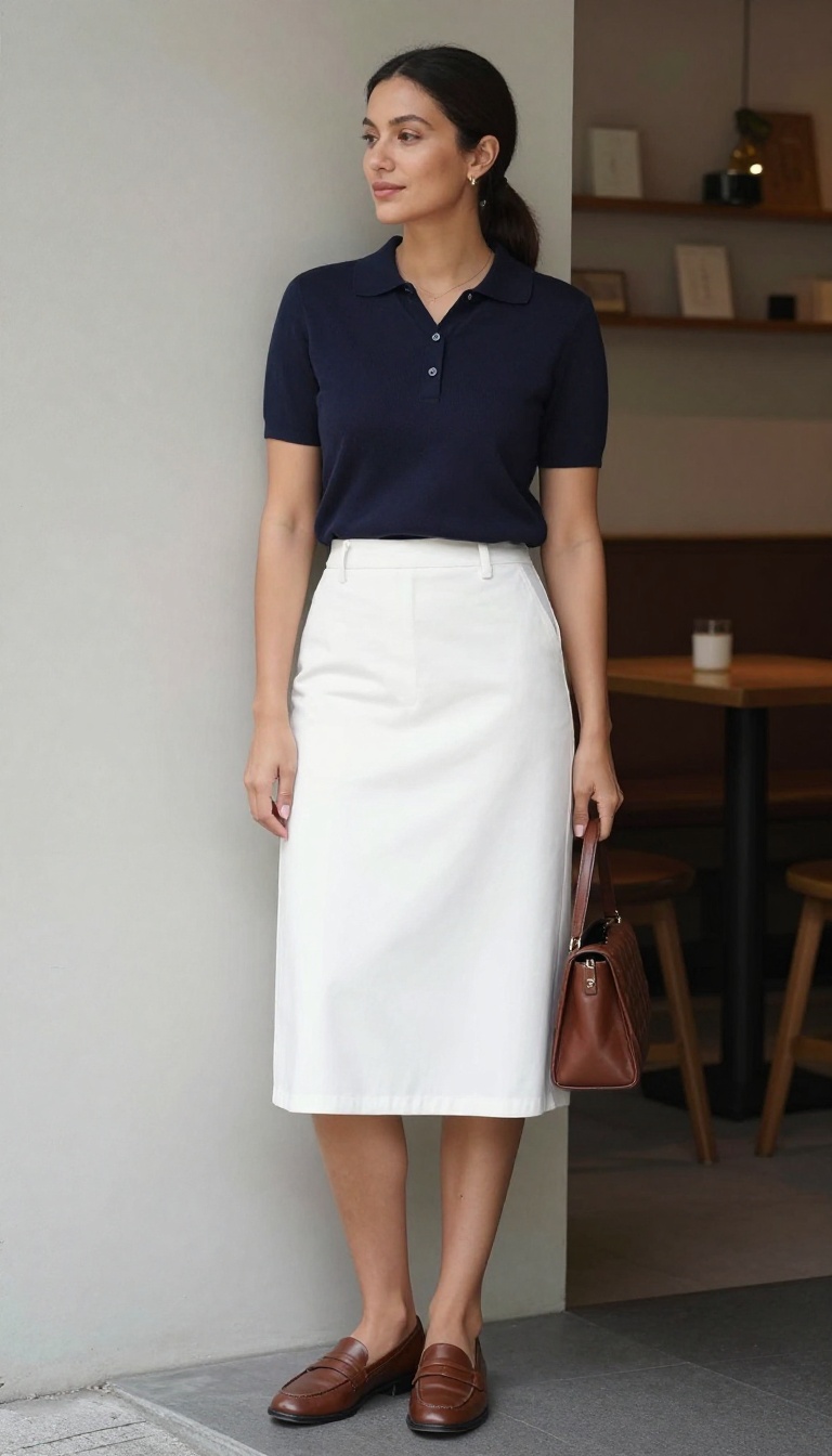 9. Navy Knit Polo With White Skirt and Loafers