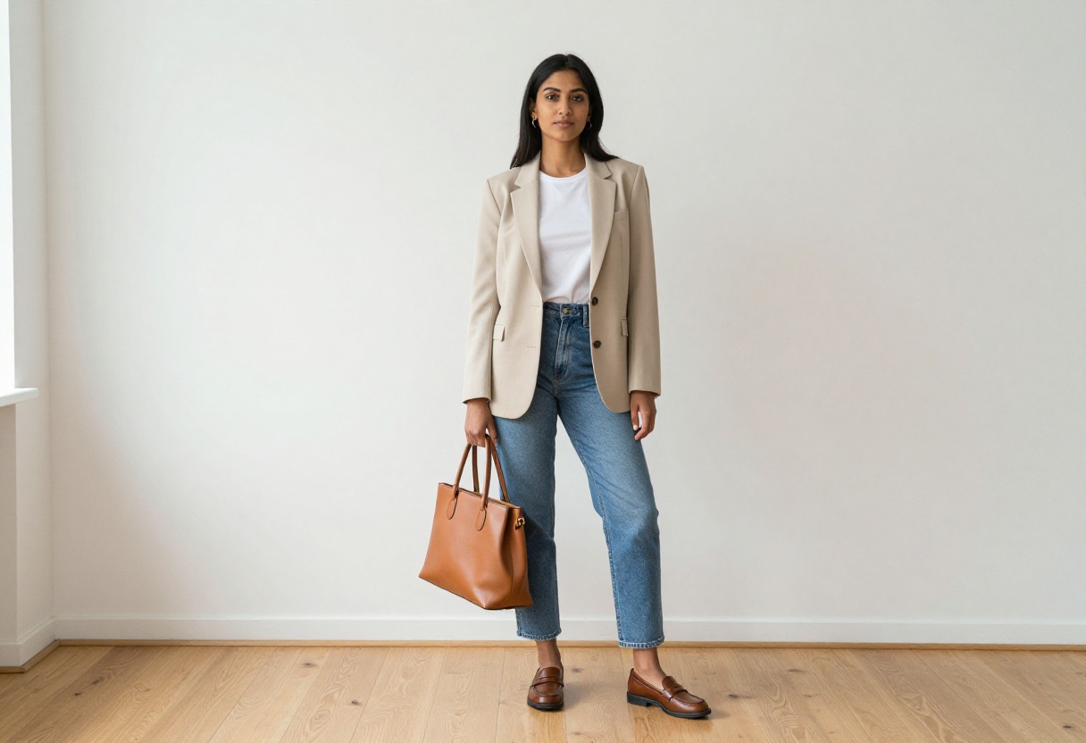 Woman in beige blazer and jeans with loafers, old money style outfit