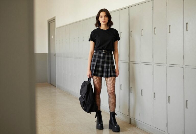 Young woman in emo Y2K outfit with plaid skirt and platform boots in a school hallway