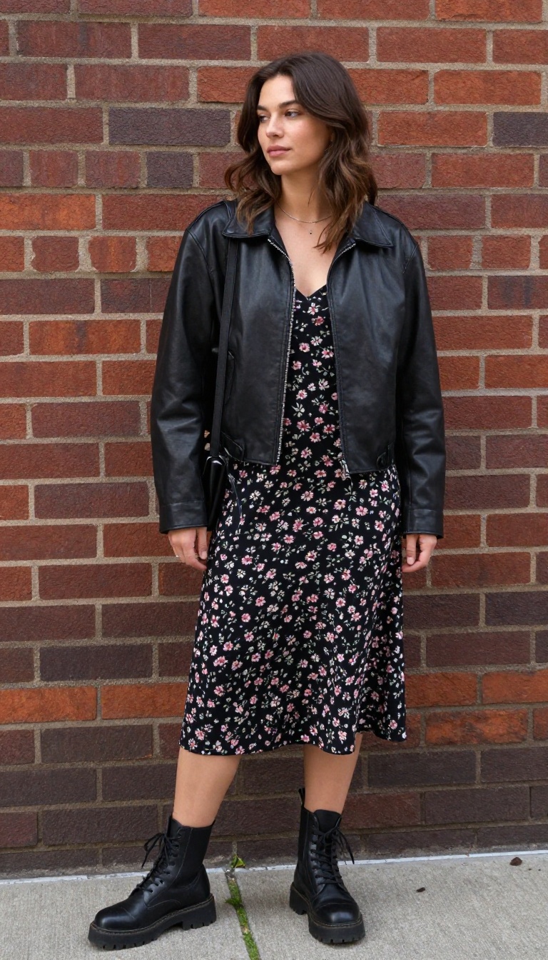 6. Leather Jacket Over a Floral Dress