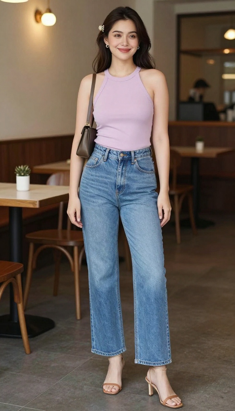 10. Halter Top with Wide-Leg Jeans and Heeled Sandals