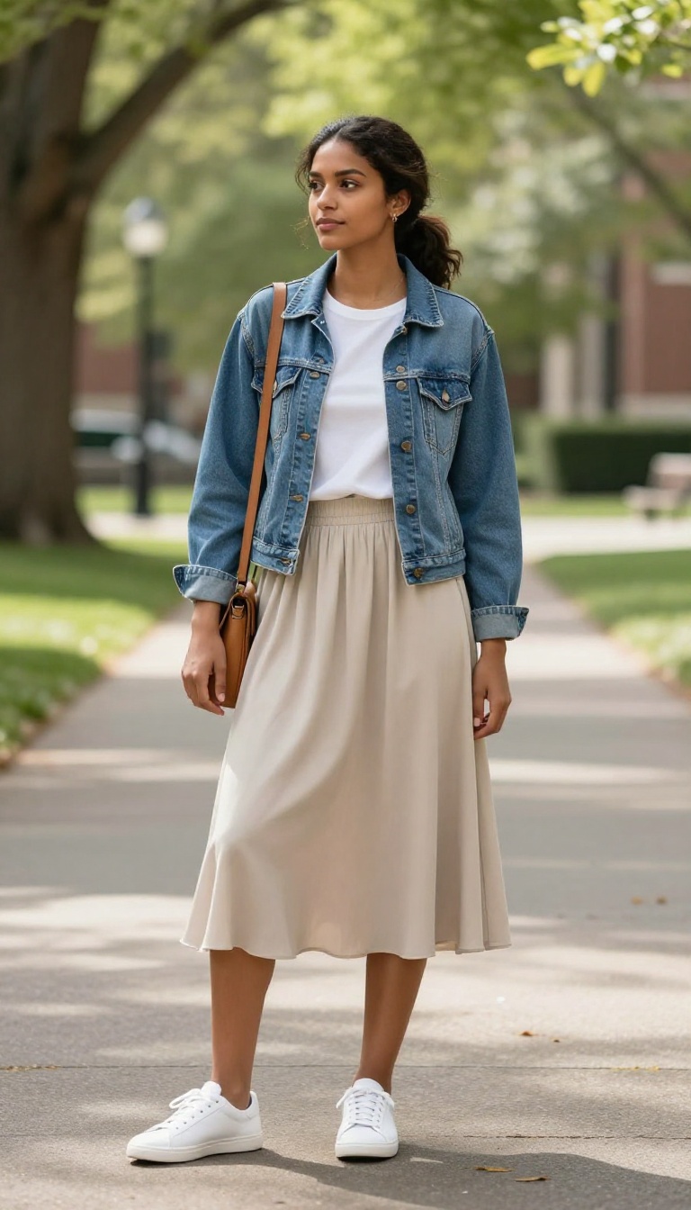 6. Denim Jacket and Midi Skirt