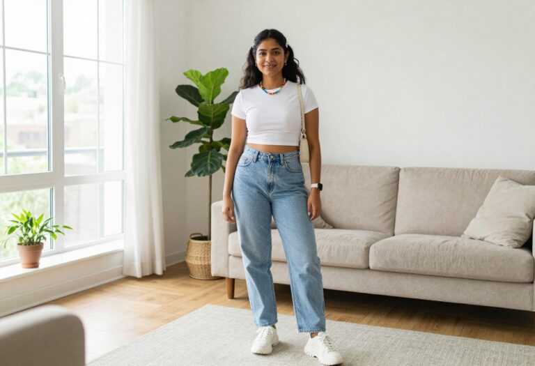 Woman wearing baggy jeans and crop top in a bright living room, showcasing a Y2K-inspired outfit.