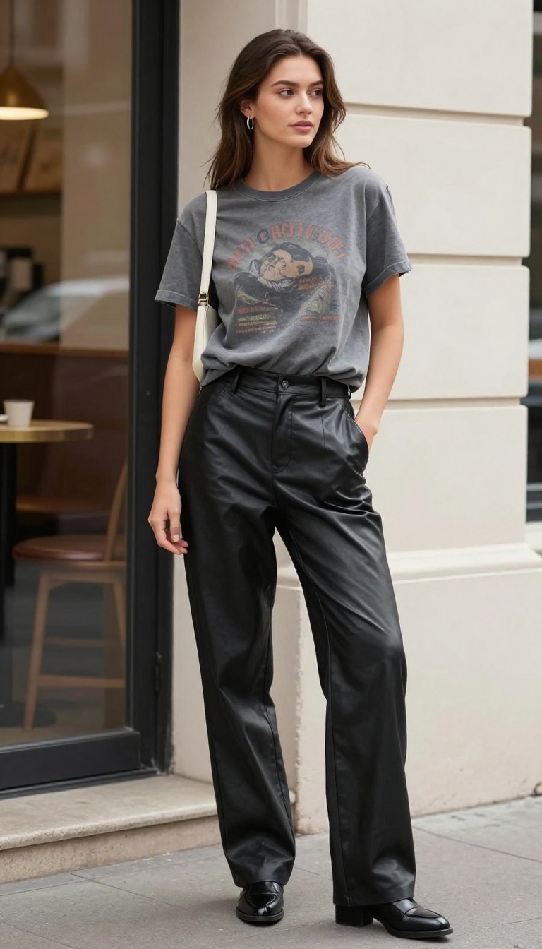 3. Baggy Leather Pants & Graphic Tee