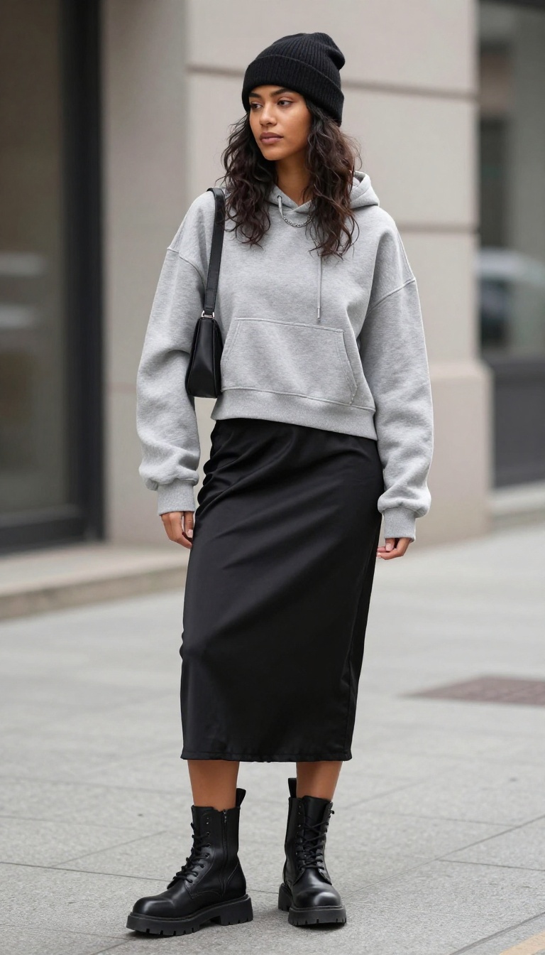 9. Slip Skirt + Hoodie + Combat Boots