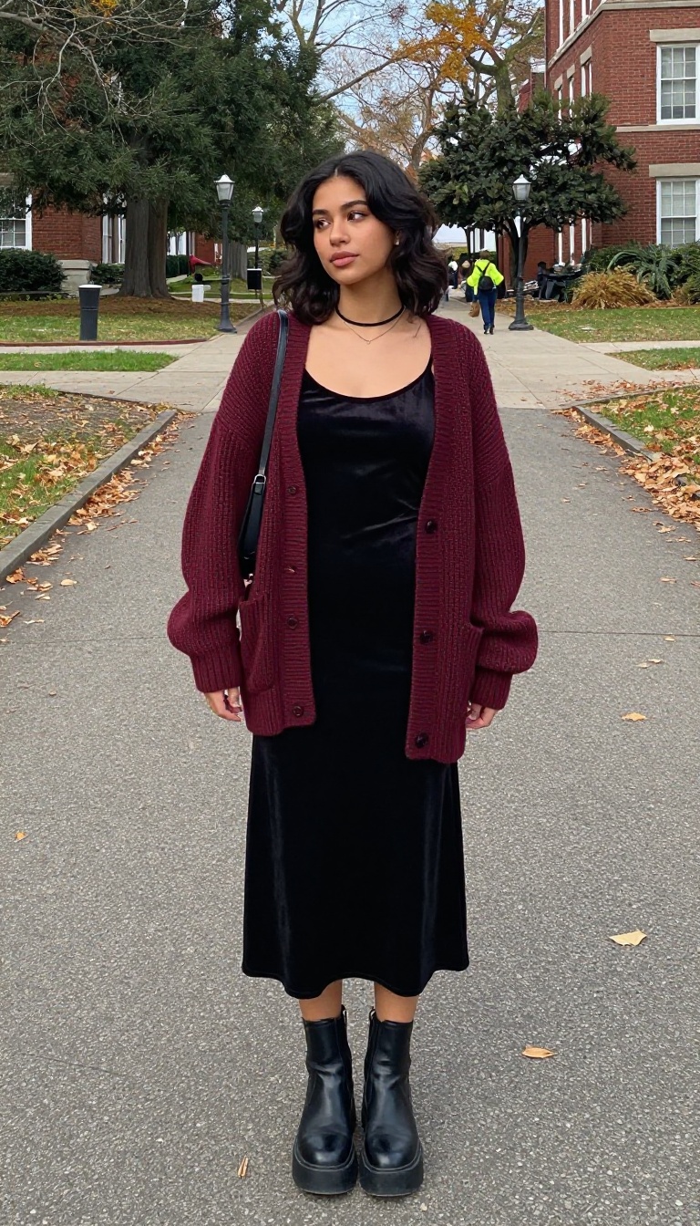7. Velvet Slip Dress + Cardigan + Platform Boots