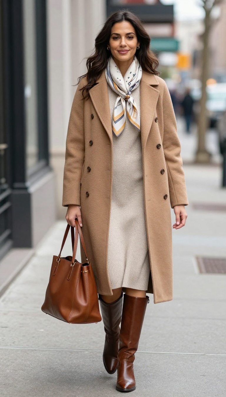 5. Camel Coat + Knit Dress