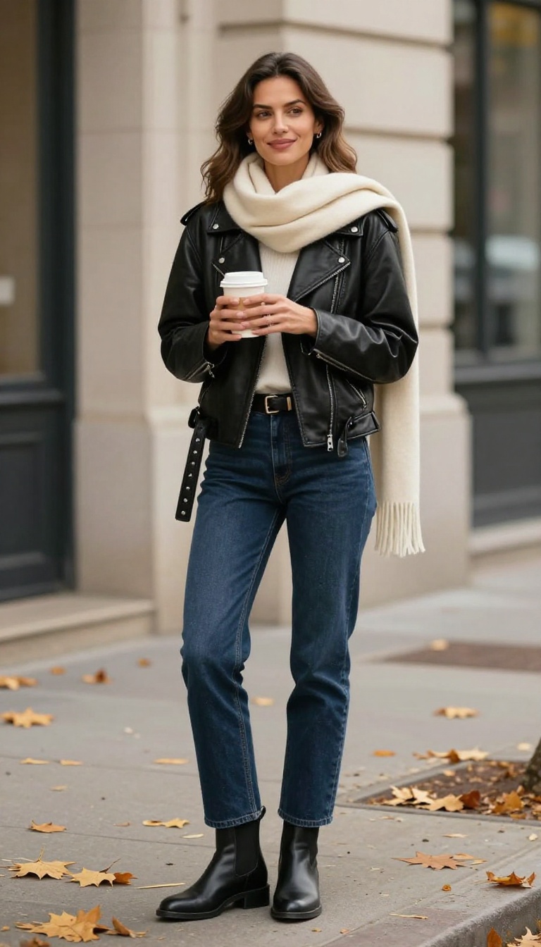 8. Leather Jacket With Cashmere Scarf and Dark Denim