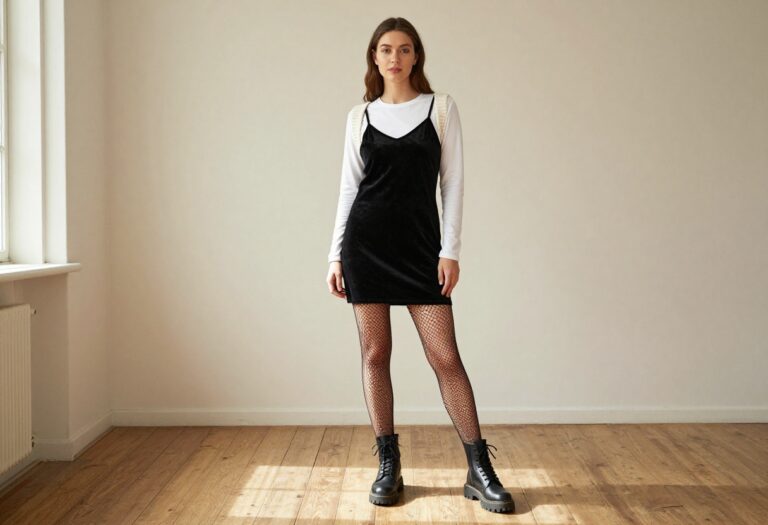 Woman wearing a 90s goth outfit with velvet slip dress, chunky cardigan, and combat boots