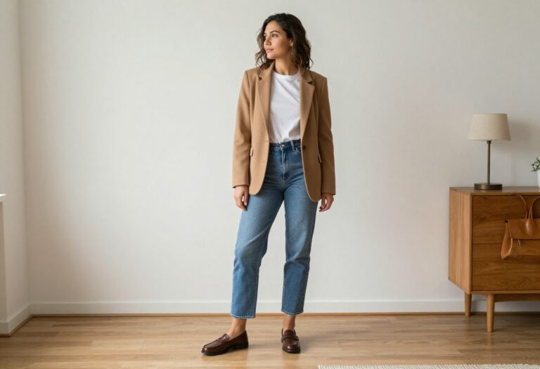 Woman in old money style jeans outfit with blazer and loafers