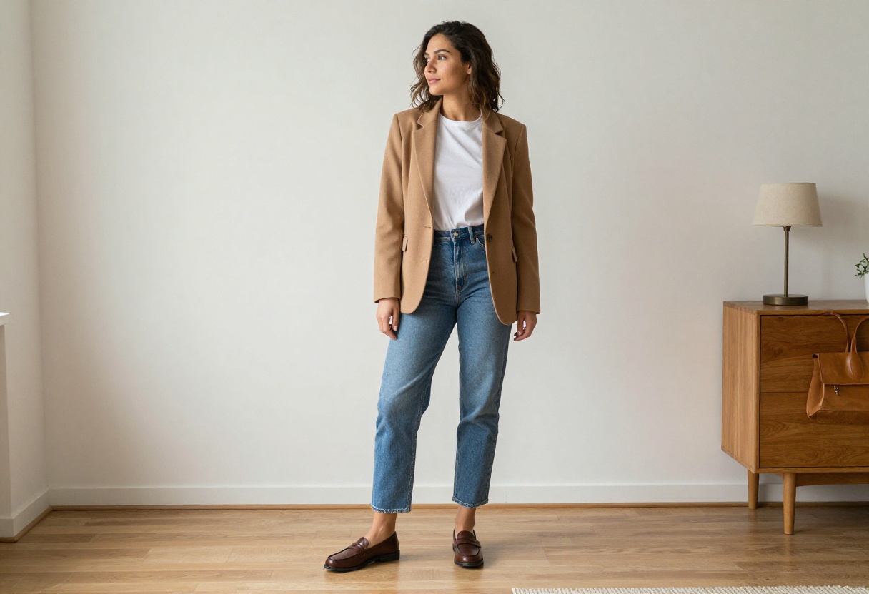 Woman in old money style jeans outfit with blazer and loafers