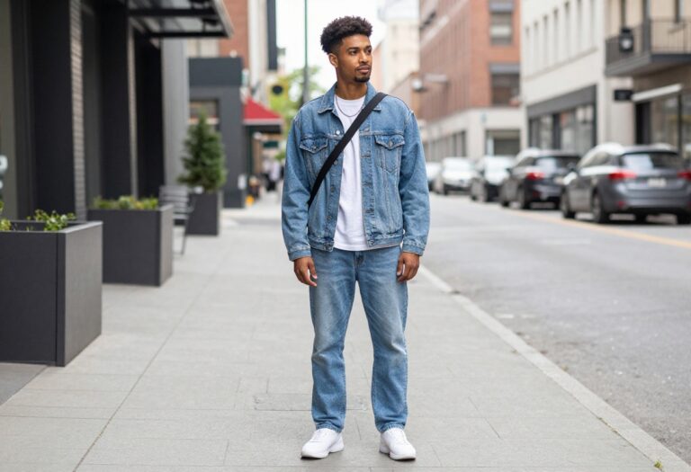 Man wearing a Y2K-inspired outfit with baggy denim jacket and jeans on a city street
