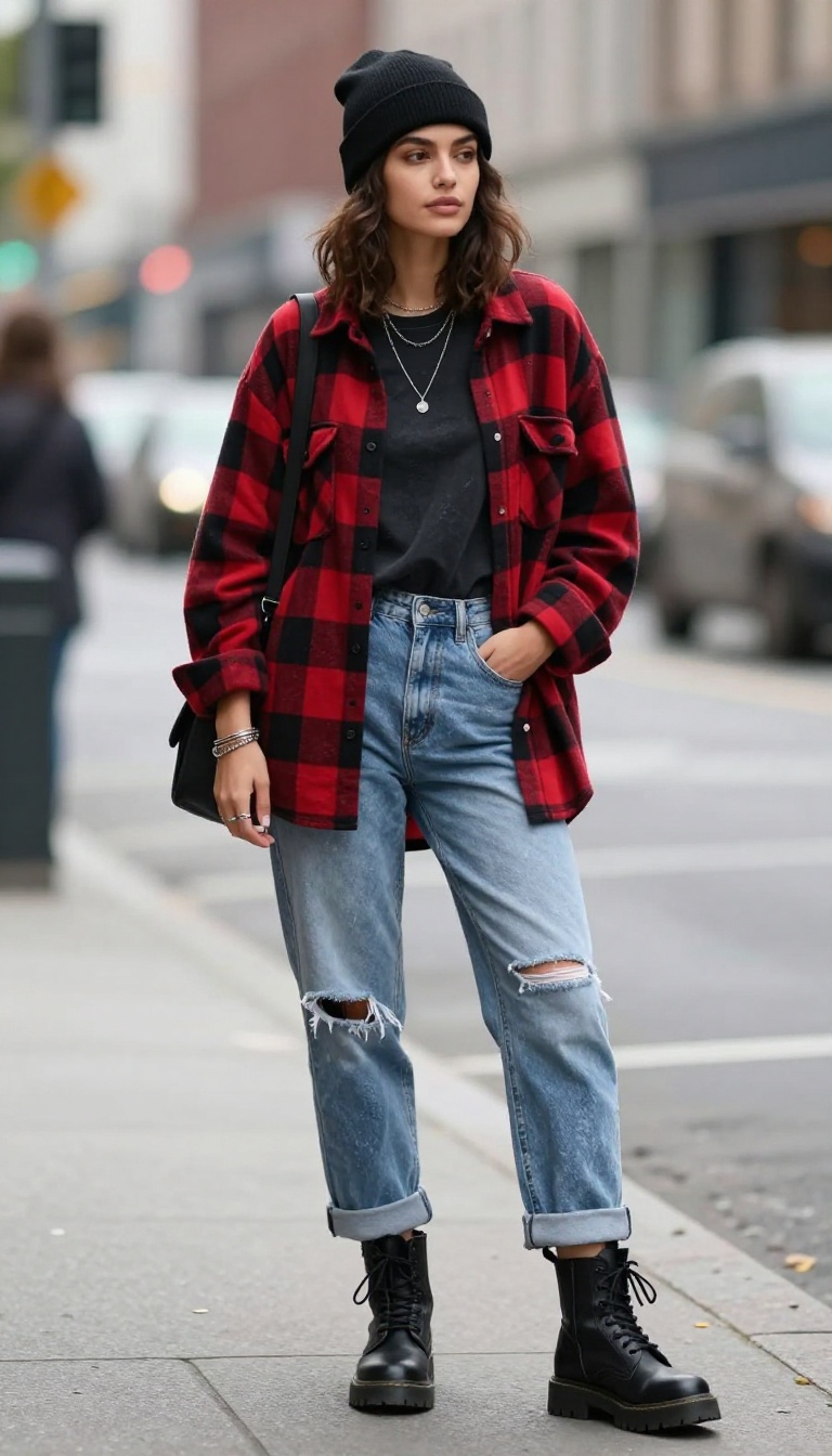 1. Classic Flannel and Ripped Jeans