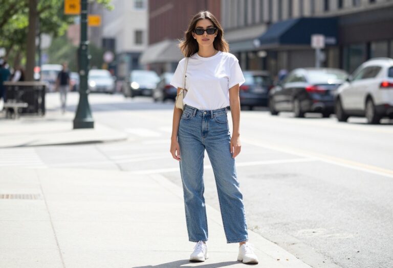 Woman wearing Y2K street style outfit with baby tee and low-rise jeans