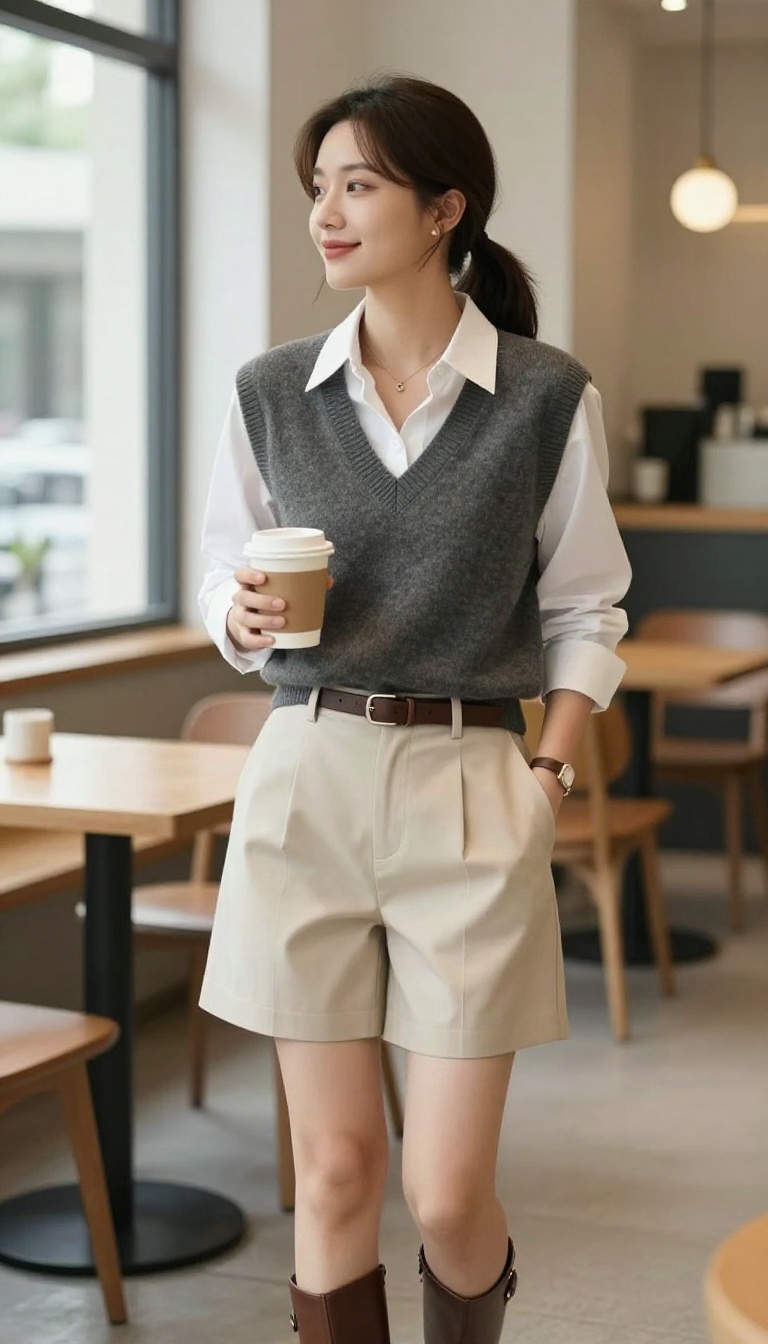 11. Charcoal Sweater Vest Over a White Shirt With Tailored Shorts