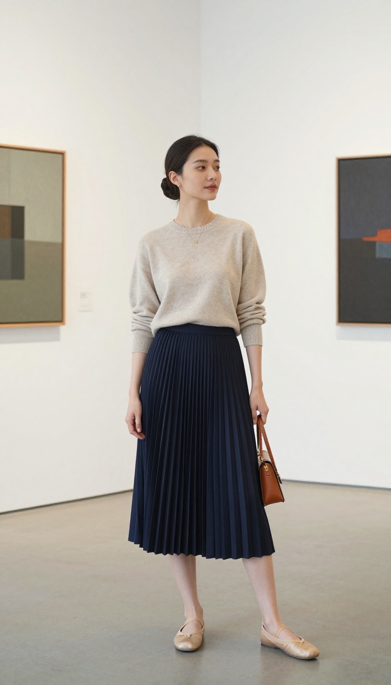 2. The Cashmere Sweater and Pleated Midi Skirt