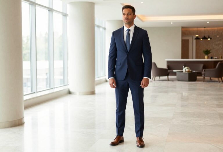 Man in navy suit with white shirt and tie, standing in an upscale hotel lobby