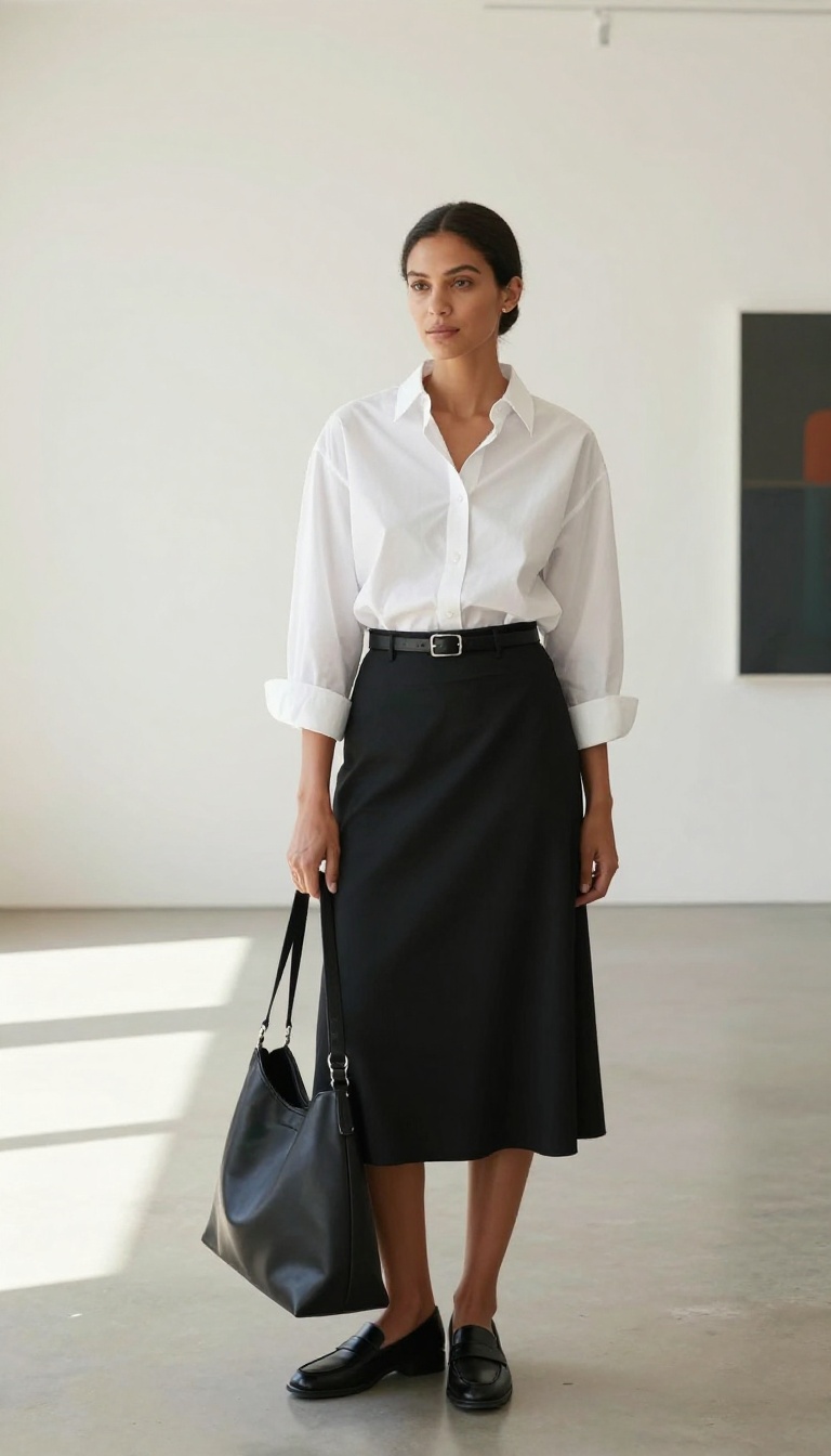 9. Black Midi Skirt and a Button-Down Shirt