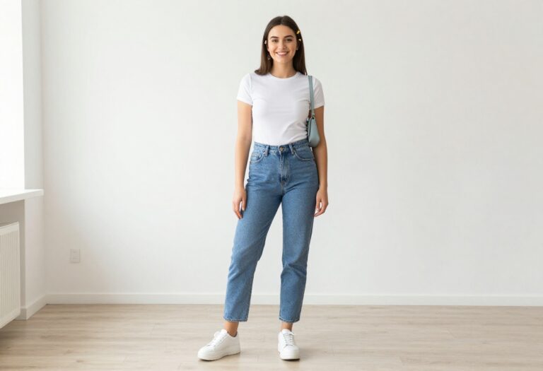Woman wearing a casual Y2K outfit with low-rise jeans and a baby tee, standing in a bright living room.