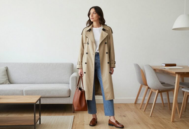 Woman in beige trench coat and jeans with loafers, old money style outfit