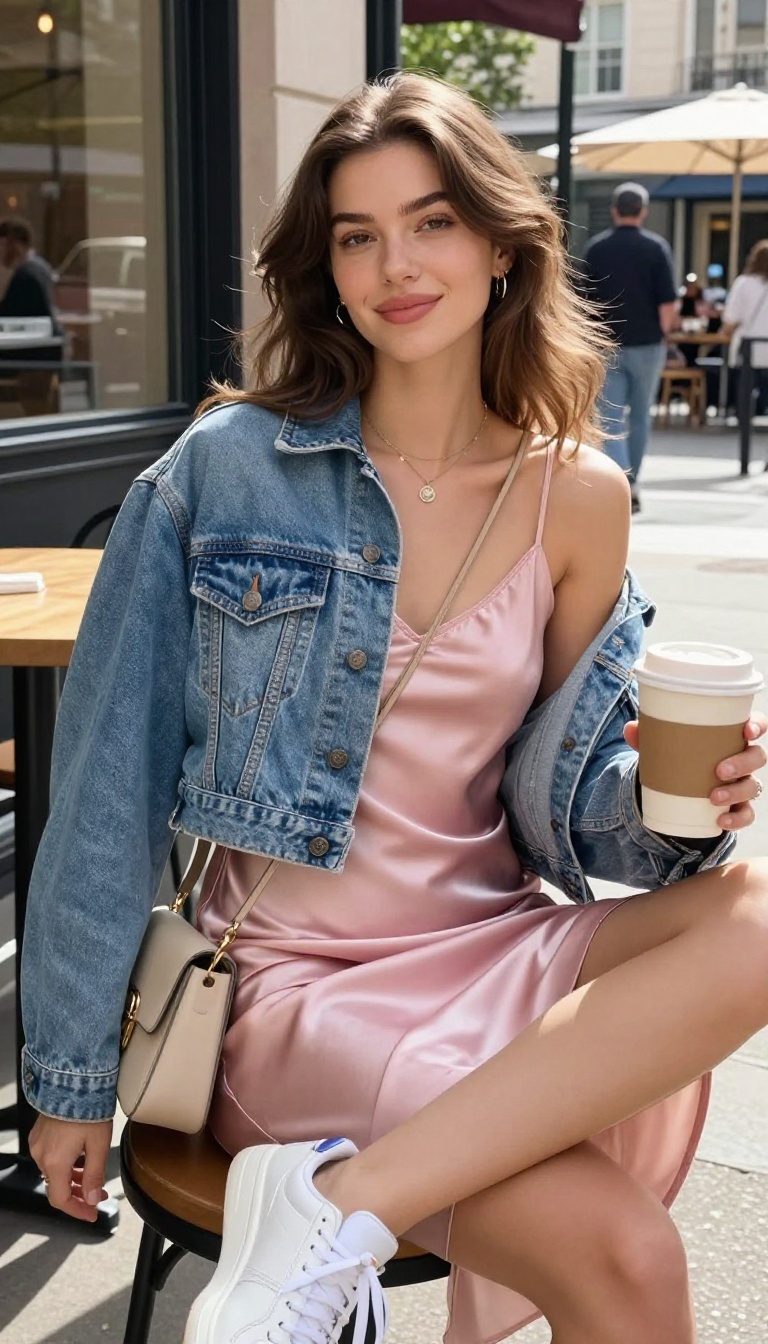 4. Pink Slip Dress & a Denim Jacket: Layered for Any Season