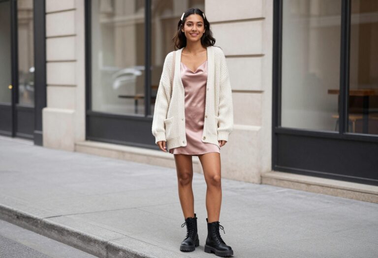 Woman wearing a 90s slip dress with a chunky cardigan and combat boots