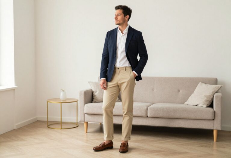 Man wearing a navy blazer, white oxford shirt, and beige chinos, embodying old money style.