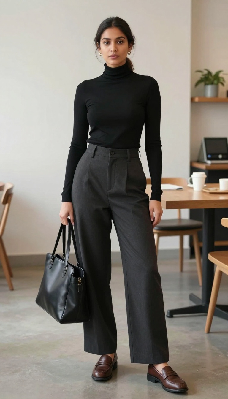 10. Turtleneck + Wide-Leg Trousers + Loafers