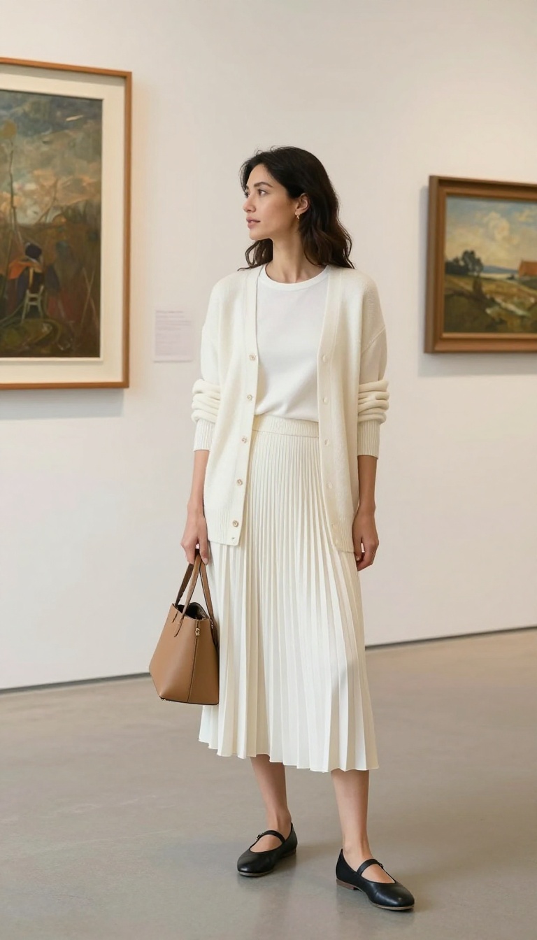 7. Cashmere Cardigan and Pleated Skirt