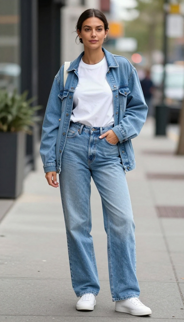 3. Denim Jacket, White Tee, and Wide-Leg Jeans