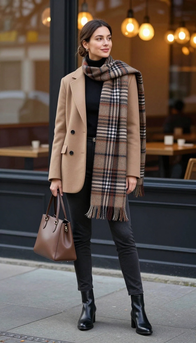 14. Oversized Scarf with Wool Blazer and Slim Trousers