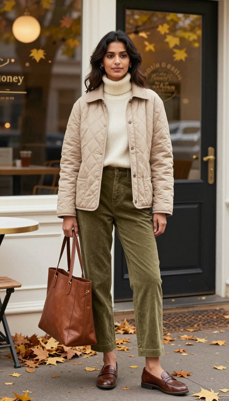 4. Quilted Jacket with Corduroy Pants and Penny Loafers