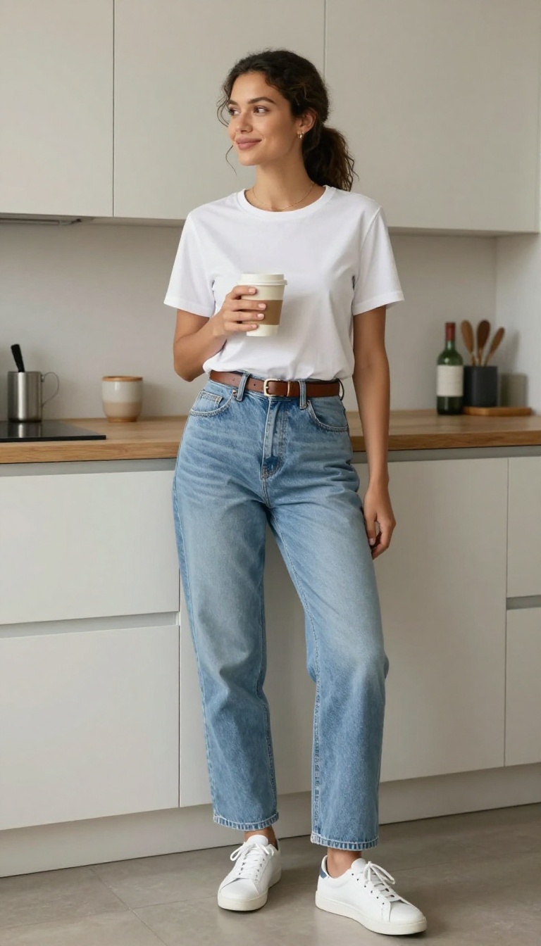 4. High-Waisted Mom Jeans + White Tee