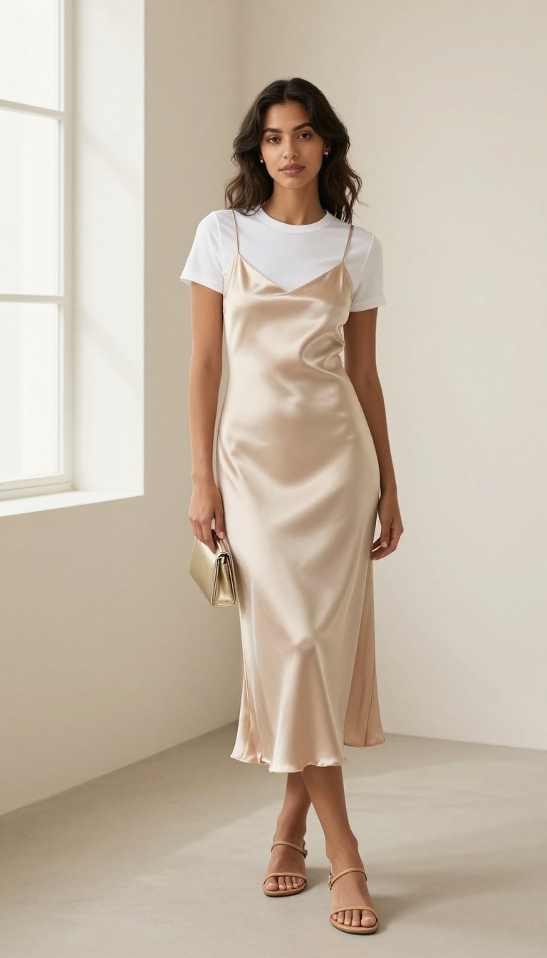 2. Shimmering Slip Dress Over a Tee