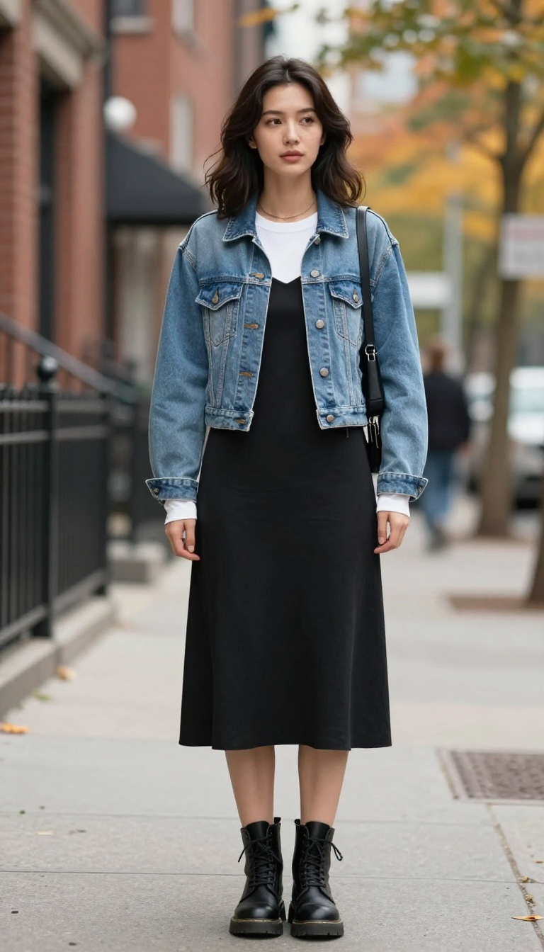 5. Grunge Layering: Long-Sleeve Tee Under a Slip Dress + Denim Jacket