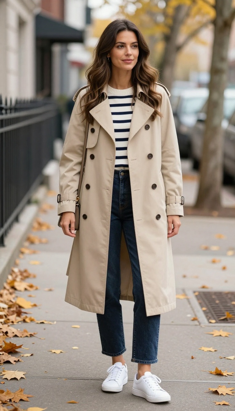 6. Trench Coat with Striped Sweater and Dark Denim