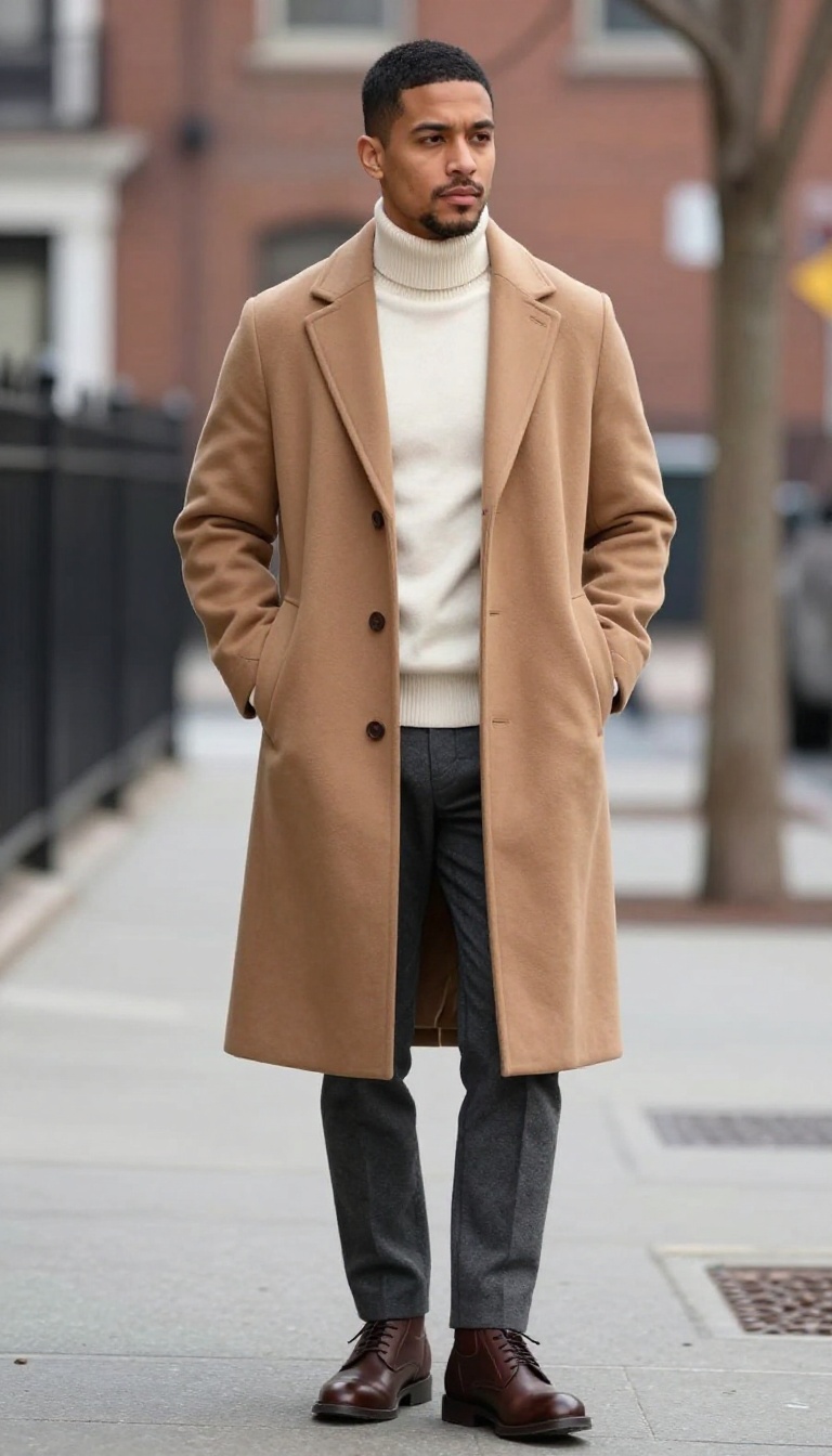 1. The Camel Overcoat with Turtleneck and Wool Trousers