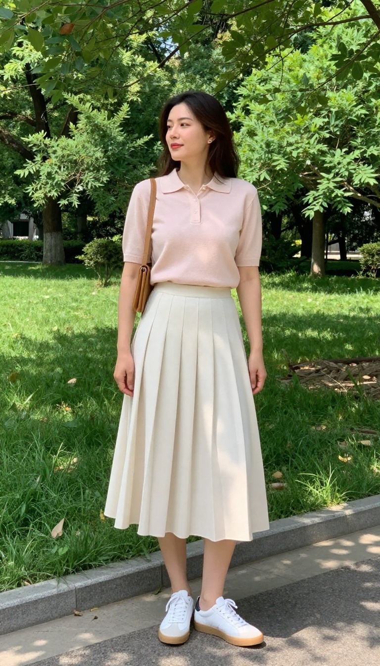 4. The Knit Polo and Pleated Skirt Outfit