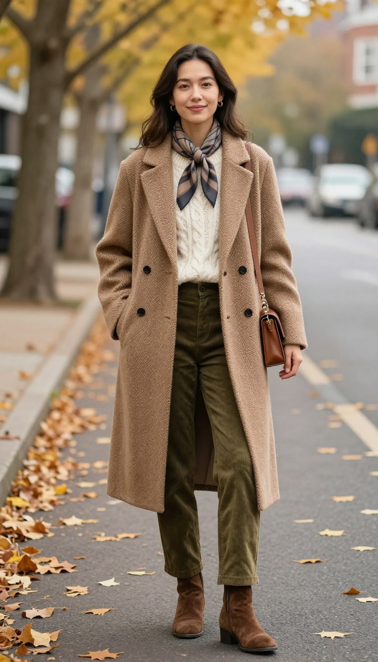 15. Herringbone Coat with Cable-Knit Sweater and Corduroy Pants